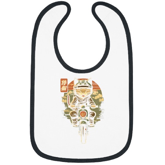Japanese Samurai Cat on Motorcycle Kawaii Ninja Cat Bibs