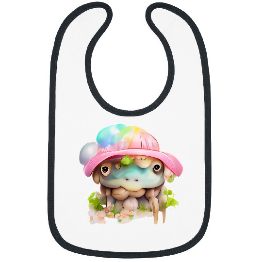 Aliens UFO Kawaii Cute Sad Alien Frog in Pastel Colors and Pink Hat Bibs