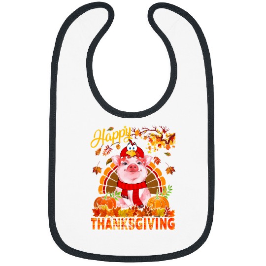 Pig Pet Happy Thanksgiving Pig Wearing Turkey Costume Fall Leaves 111 Bibs
