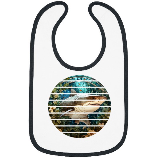 Fishing Fun Retro circle stained glass great white shark ocean fishing Bibs