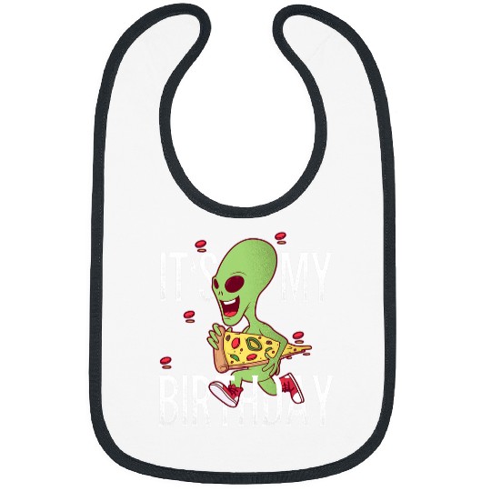 Aliens UFO Alien running with a pizza Its My Birthday Bibs