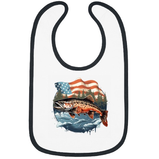 Fishing Fun American US Flag With Fly Fishing Brook Trout Fish 16 Bibs