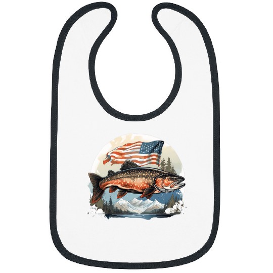 Fishing Fun American US Flag With Fly Fishing Brook Trout Fish 22 Bibs