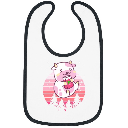 Cow Pet Strawberry Cow Drinking Milk Retro Sunset Men Women Kids Bibs