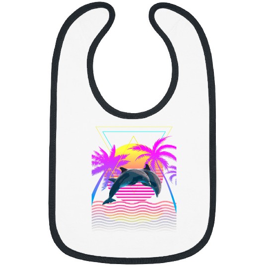 Dolphin Pet Retro 1980s 1990s Dolphins Palm Trees Sunset Beach Art Bibs