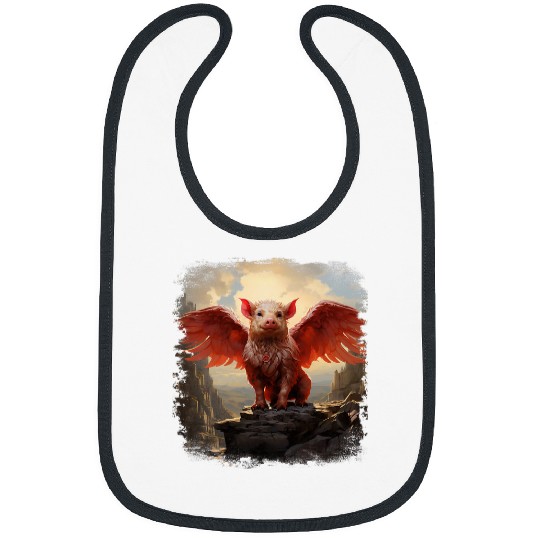 Pig Pet cute anime pink pig bird hybrid with wings rock cliff art Bibs