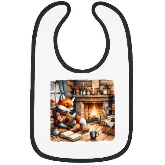 Book Fun Fox Reads By Fireplace In Cabin Rustic Book Cozy Cup Tea Bibs