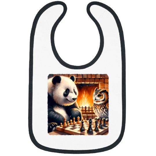 Panda Pet Playing Chess With Owl By Fireplace Cozy Strategy Bibs