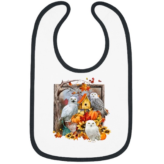 Owl Pet Nest Box With Pumpkin Maple Leaves In Autumn Season Bibs