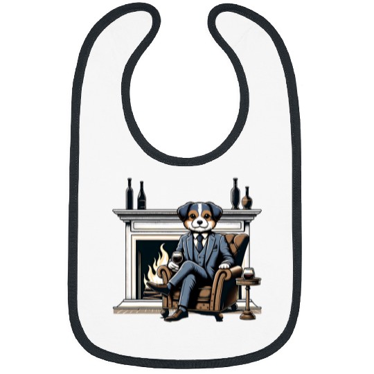 Wines Fun Dog In Suit Enjoying Wines By Fireplace For Animal Lovers Bibs