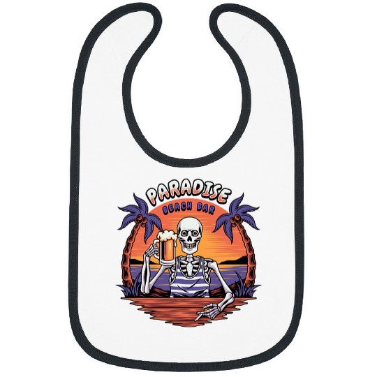 Beer Fun Beer Funny Beach Bar Retro Skull Skeletons Beer Sunset Tee Bibs