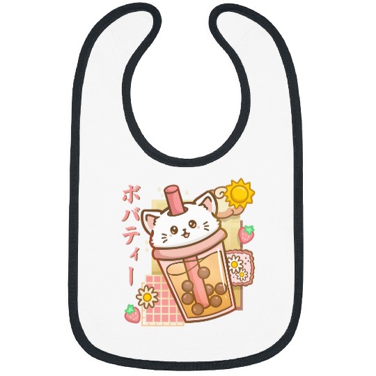 Boba Tea Cat Bubble Tea Strawberry Kawaii Cat Neko Anime Bibs