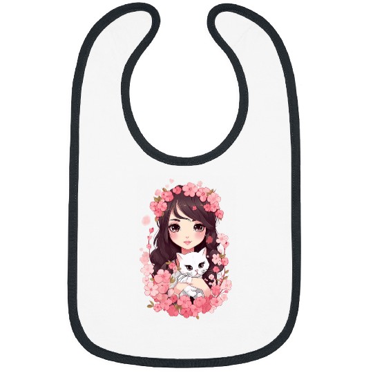 Cherry Blossom Butterfly Anime Girl With Kawaii Cat 11 Bibs