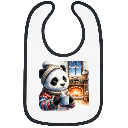 Panda Pet In Cozy Sweater Drinking Hot Cocoa By Fireplace Snow Bibs