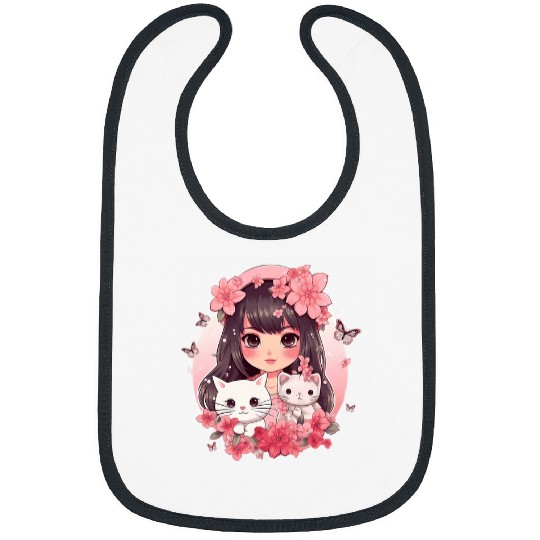 Cherry Blossom Butterfly Anime Girl With Kawaii Cat 19 Bibs