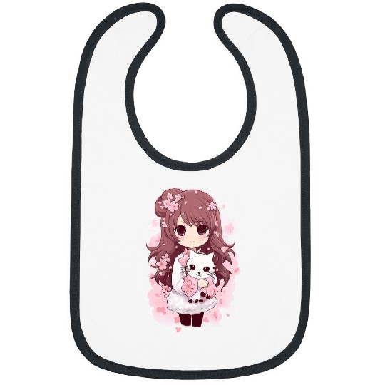 Cherry Blossom Butterfly Anime Girl With Kawaii Cat 6 Bibs