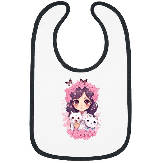 Cherry Blossom Butterfly Anime Girl With Kawaii Cat 21 Bibs