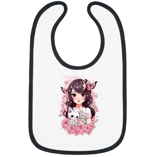 Cherry Blossom Butterfly Anime Girl With Kawaii Cat 9 Bibs