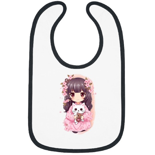 Cherry Blossom Butterfly Anime Girl With Kawaii Cat 14 Bibs