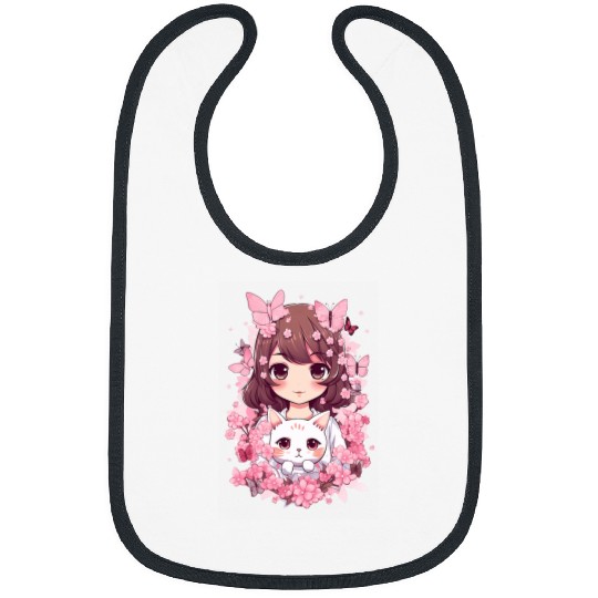 Cherry Blossom Butterfly Anime Girl With Kawaii Cat 16 Bibs