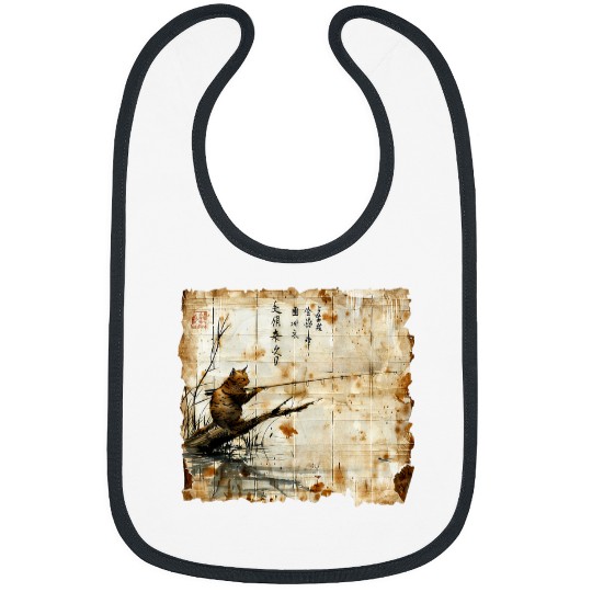 Fishing Fun Boat Papyrus Scroll Japanese Art Fisherman Cute Cat 06 Bibs