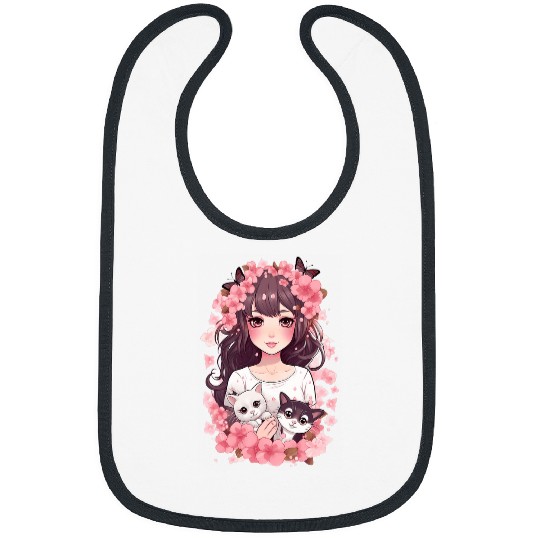 Cherry Blossom Butterfly Anime Girl With Kawaii Cat 20 Bibs