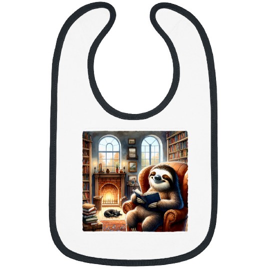 Sloth Pet Reading In A Cozy Library With A Cat Fireplace Books Bibs