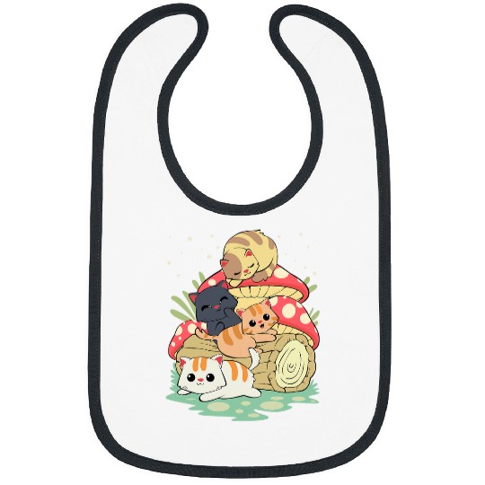 Cottagecore Kawaii Cats Playing on Chibi Cute Mushroom Bibs