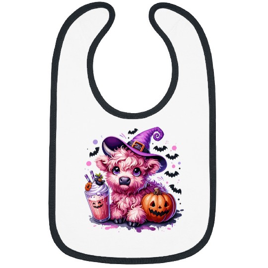 Coffee Fun Cute Witchy Highland Cow with Pumpkin and Coffee Bibs