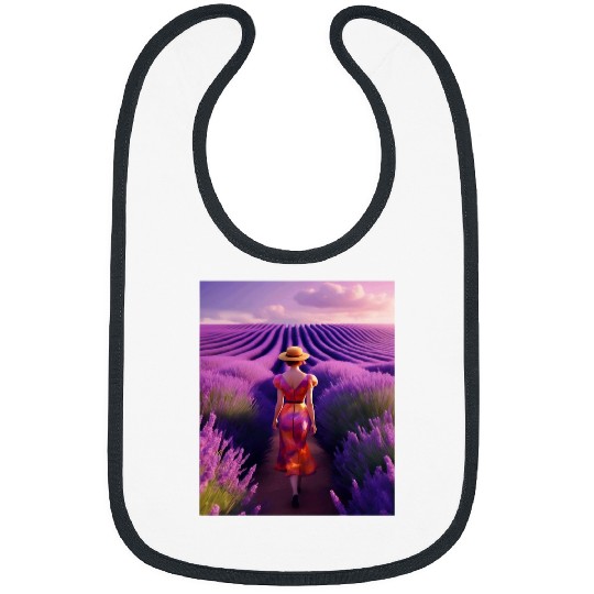 Wines Fun A woman walks through a lavender field in a cocktail dress Bibs