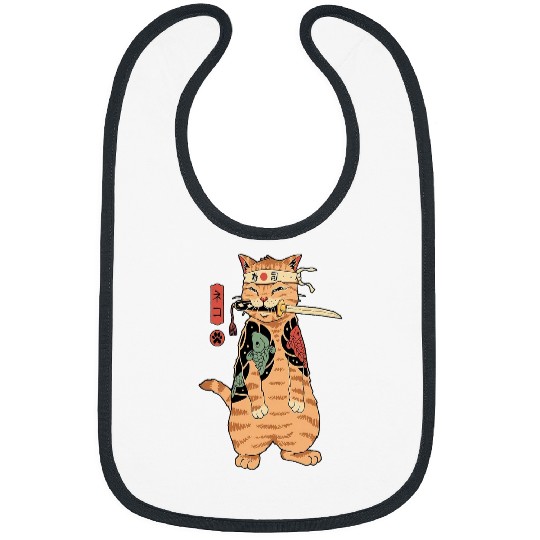 Japanese Samurai Cat Katana Ninja Kitty Tattoo Style Bibs