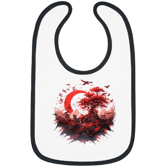 Japanese Tree Red Moon With Flying Birds Otaku Lovers Japan Bibs