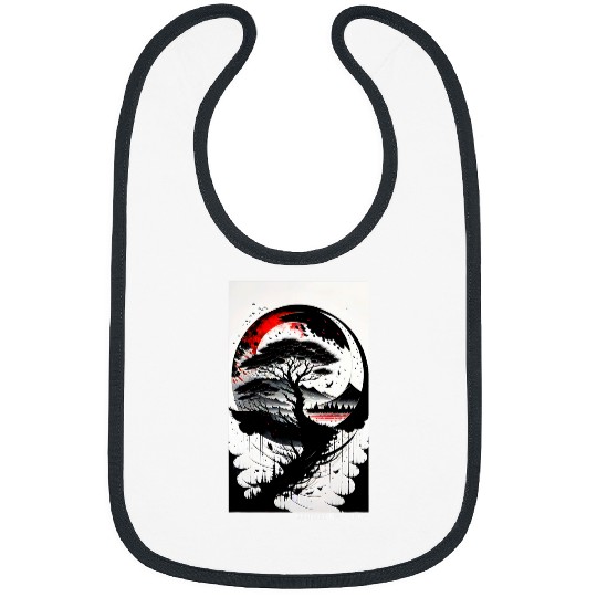 Japanese Tree Red Moon With Birds Flying in the Background Bibs