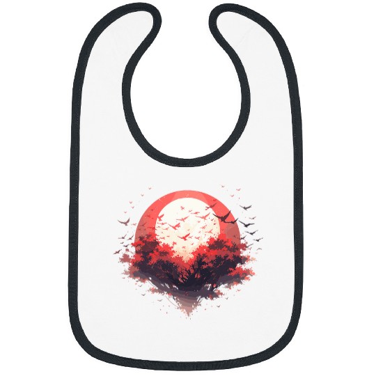 Japanese Tree Red Moon With Flying Birds Otaku Lovers Bibs
