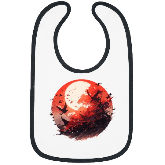 Japanese Tree Red Moon With Flying Birds Otaku Lovers Japan 1 Bibs