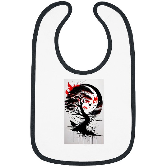 Japanese Tree Red Moon With Birds Flying in background Graph Bibs
