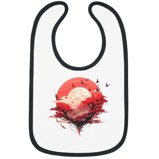 Japanese Tree Red Moon With Flying Birds Otaku Lovers Japan 2 Bibs