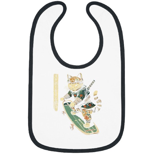Japanese Skateboard Samurai Cat Tattoo Kawaii Ninja Cat 1 Bibs