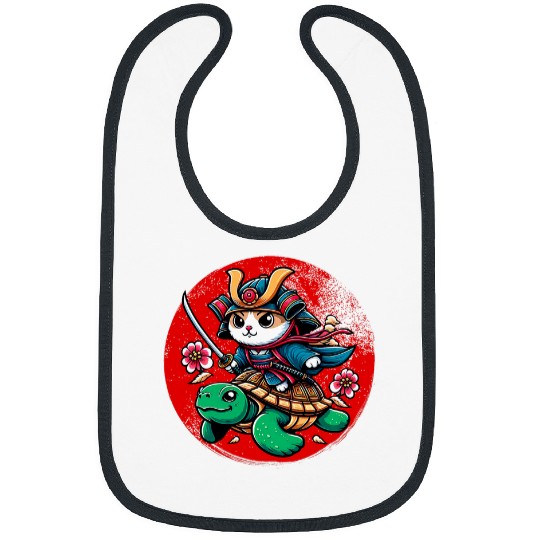 Turtle Pet Japanese Samurai Cat Riding A Turtle Graphic Men Women Kids Bibs