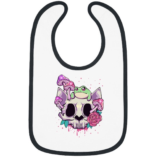 Pastel Goth Kawaii Frog On A Cat Skull with Mushroom Bibs