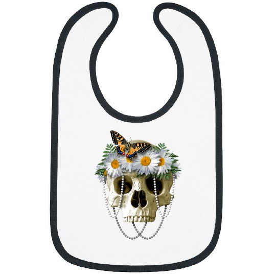 Human Skull With Daisy Flower Crown Butterfly And Pearls Bibs