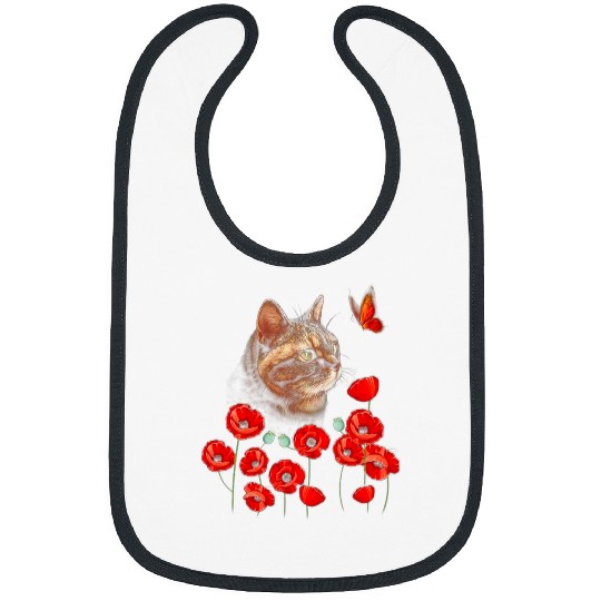 Cat Kitten Butterfly Poppies Flower Spring Lover Bibs