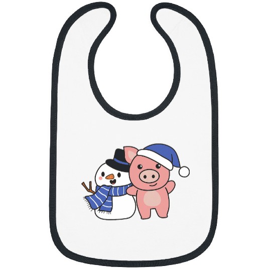 Pig With Snowman In Winter For Christmas Bibs
