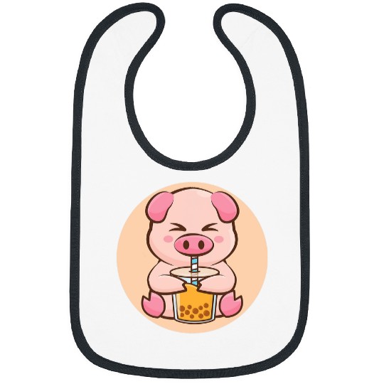 Pink Pig Drinking Boba Tea Bubble Tea Kawaii Anime Lovers Bibs