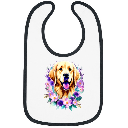 Golden Retriever Dog Surrounded by Flowers and Butterflies Bibs