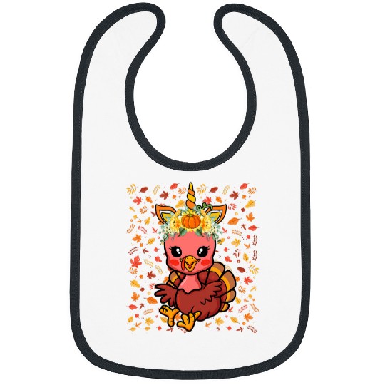 Thanksgiving Turkey With Unicorns Horn Fall Leaves Pumpkins Bibs