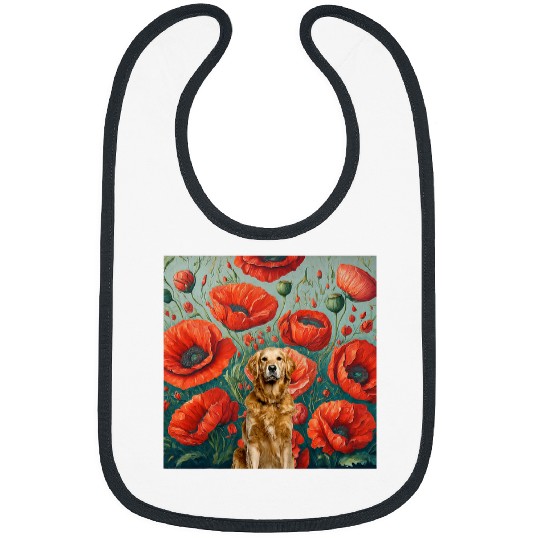 Golden Retriever Red Poppy Plants Oil Painting Style Bibs