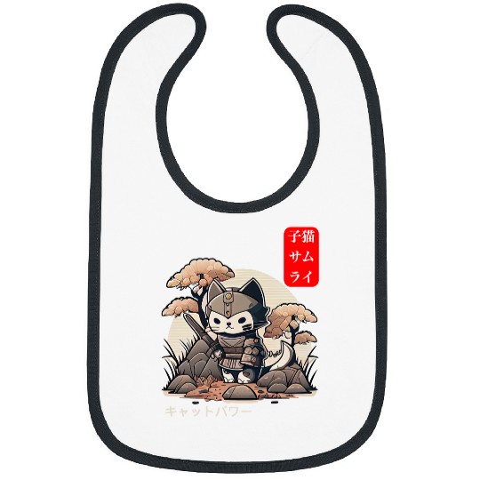 Cool Warrior Cat in Samurai Ninja Armor Japanese Art Anime Bibs