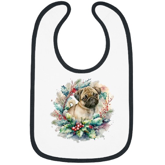 Dog lover  Puppy pug with Christmas wreath red berries Bibs