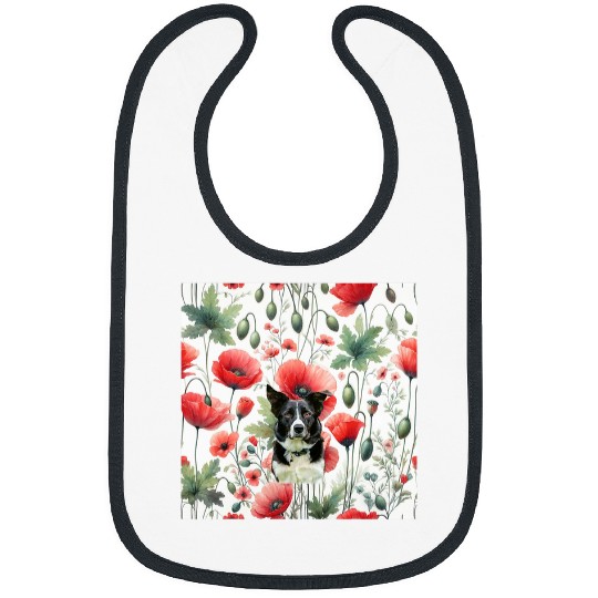 Border Collie Red Poppy vintages Cottagecore Flowers Bibs